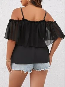 SHEIN Holidaya Plus Cold Shoulder Frill Trim Peplum Blouse - Black - View 2