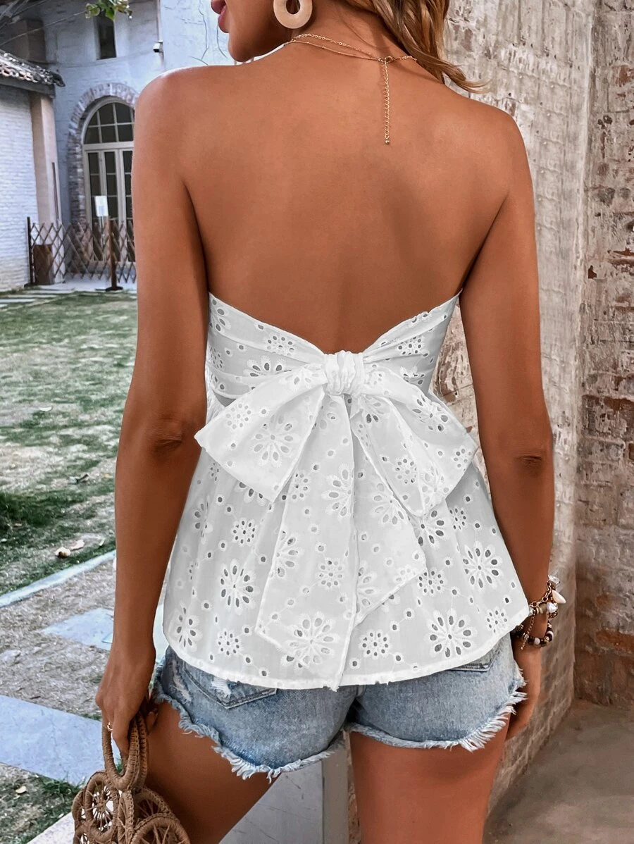 Breezaya Áo nữ Lộ Lưng Viên lá sen Buộc lại Tranh thêu màu trơn Boho - trắng - Xem 1