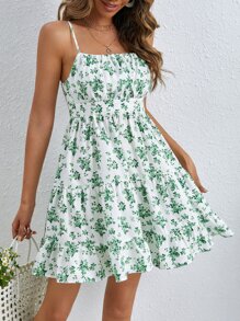 SHEIN Frenchy Floral Print Ruffle Hem Cami Dress Bridgerton Summer Vacation Flower Green Green - Green - View 6