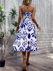 SHEIN VCAY Allover Print Shirred Cami Dress - Blue and White - View 2