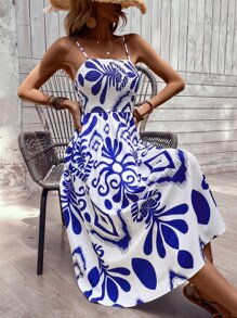 SHEIN VCAY Allover Print Shirred Cami Dress - Blue and White - View 3