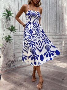 SHEIN VCAY Allover Print Shirred Cami Dress - Blue and White - View 5