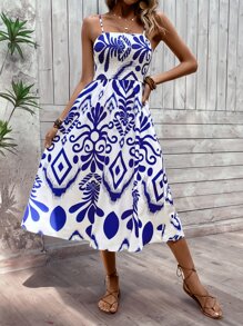 SHEIN VCAY Allover Print Shirred Cami Dress - Blue and White - View 6