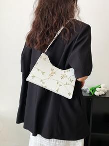 1 件带拉链开合的刺绣时尚单肩包，适合女性日常装扮 - 白色 - 查看 6