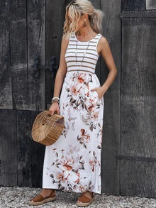 Acelitt Striped & Floral Print Hidden Pocket Dress - White - View 3