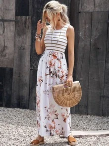 Acelitt Striped & Floral Print Hidden Pocket Dress - White - View 4