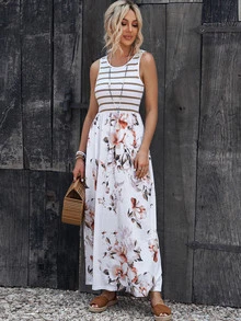 Acelitt Striped & Floral Print Hidden Pocket Dress - White - View 5