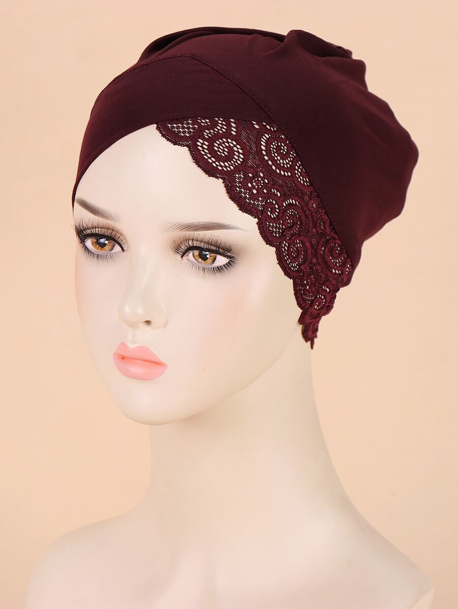 Envoltura de la cabeza con encaje en contraste - Burdeos - Ver 1