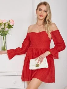 Eilly Bazar Off Shoulder Flounce Sleeve Schiffy Dress
