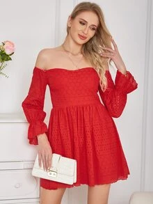 Eilly Bazar Off Shoulder Flounce Sleeve Schiffy Dress