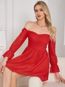 Eilly Bazar Off Shoulder Flounce Sleeve Schiffy Dress