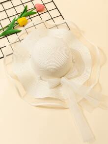 Faux Pearl & Bow Decor Straw Hat - Beige - View 1