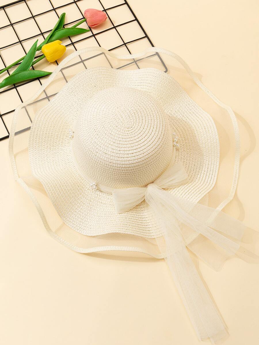 Faux Pearl & Bow Decor Straw Hat - Beige - View 1