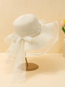 Faux Pearl & Bow Decor Straw Hat - Beige - View 2