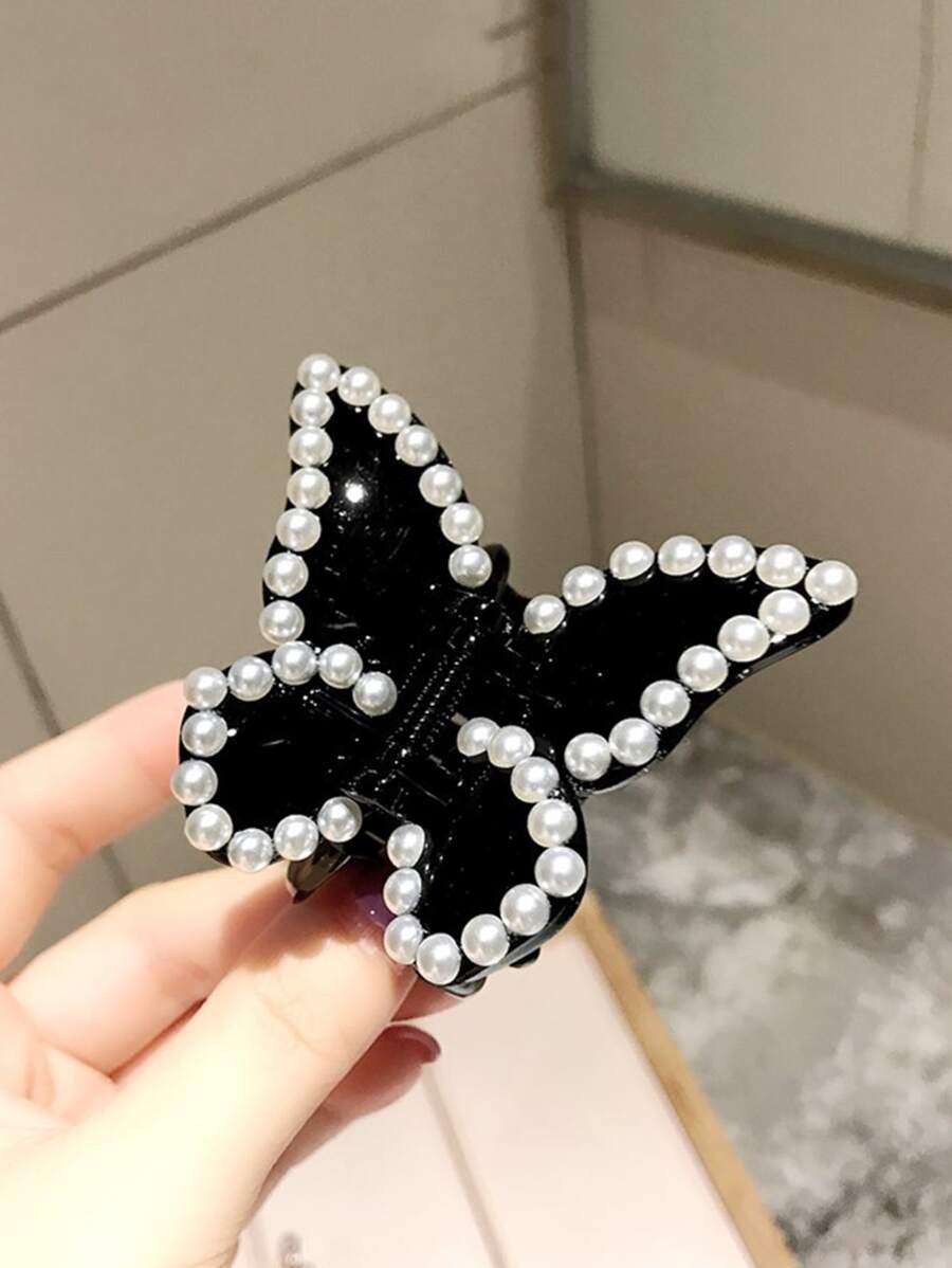 1入組女士珍珠蝴蝶設計優雅髮爪適用於裝飾用品 - 黑色 - 查看 1