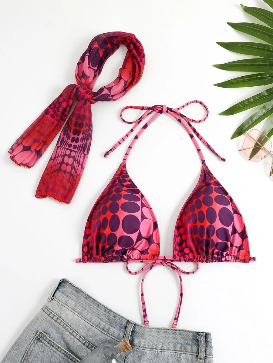 Plus Polka Dot Halter Triangle Bikini Top With Scarf - Red - View 1