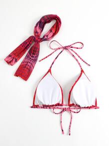 Plus Polka Dot Halter Triangle Bikini Top With Scarf - Red - View 2