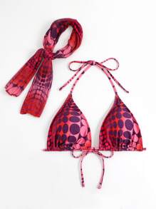 Plus Polka Dot Halter Triangle Bikini Top With Scarf - Red - View 3