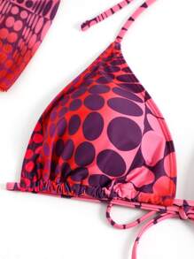 Plus Polka Dot Halter Triangle Bikini Top With Scarf - Red - View 4