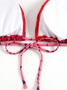 Plus Polka Dot Halter Triangle Bikini Top With Scarf - Red - View 5