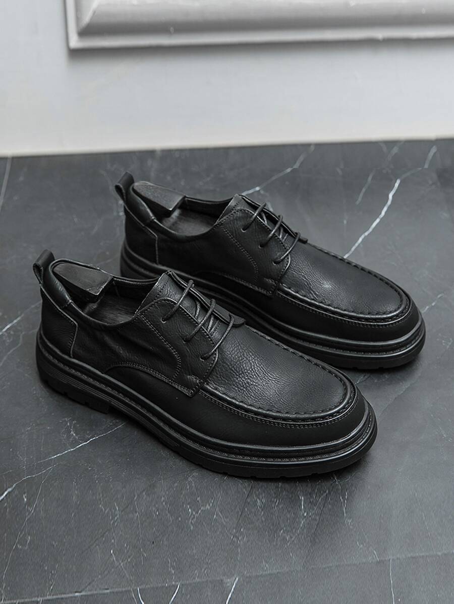 男士荔枝紋壓花系帶設計連衣裙工作黑色德比鞋適用於戶外 - 黑色 - 查看 1