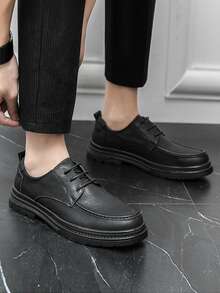 男士荔枝紋壓花系帶設計連衣裙工作黑色德比鞋適用於戶外 - 黑色 - 查看 4