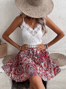 SHEIN Frenchy Paisley Print Contrast Lace Cami Dress - Red and White - View 1