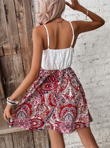 SHEIN Frenchy Paisley Print Contrast Lace Cami Dress - Red and White - View 2