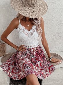 SHEIN Frenchy Paisley Print Contrast Lace Cami Dress - Red and White - View 3