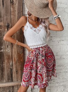 SHEIN Frenchy Paisley Print Contrast Lace Cami Dress - Red and White - View 5