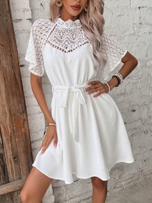 SHEIN Frenchy Contrast Lace Raglan Sleeve Belted Dress - White - View 3