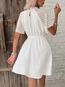 SHEIN Frenchy Contrast Lace Raglan Sleeve Belted Dress - White - View 2