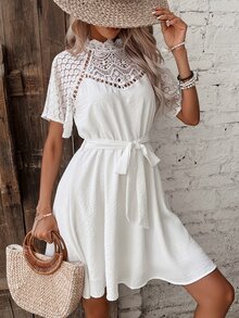 SHEIN Frenchy Contrast Lace Raglan Sleeve Belted Dress - White - View 4