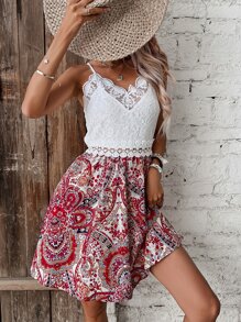 SHEIN Frenchy Paisley Print Contrast Lace Cami Dress - Red and White - View 7