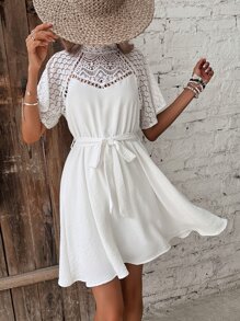 SHEIN Frenchy Contrast Lace Raglan Sleeve Belted Dress - White - View 5