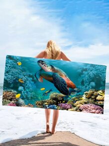 Sea Turtle Print Beach Towel, Microfiber Soft Beach Sheet For Vacation, Swimming, Bath - Cadet Blue - View 1