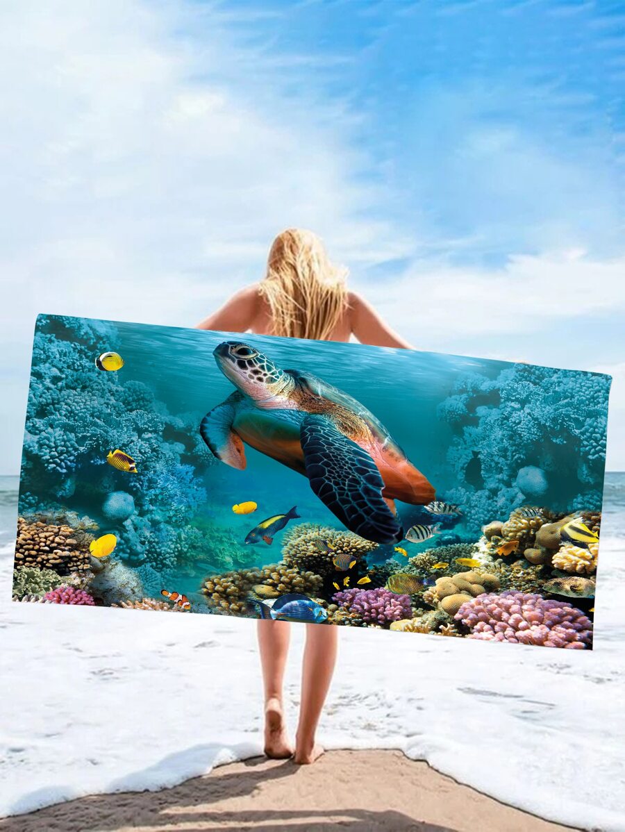 Sea Turtle Print Beach Towel, Microfiber Soft Beach Sheet For Vacation, Swimming, Bath - Cadet Blue - View 1