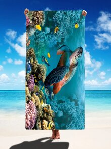 Sea Turtle Print Beach Towel, Microfiber Soft Beach Sheet For Vacation, Swimming, Bath - Cadet Blue - View 3