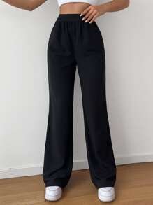 EURMUSE Solid Wide Leg Trousers - Black - View 1