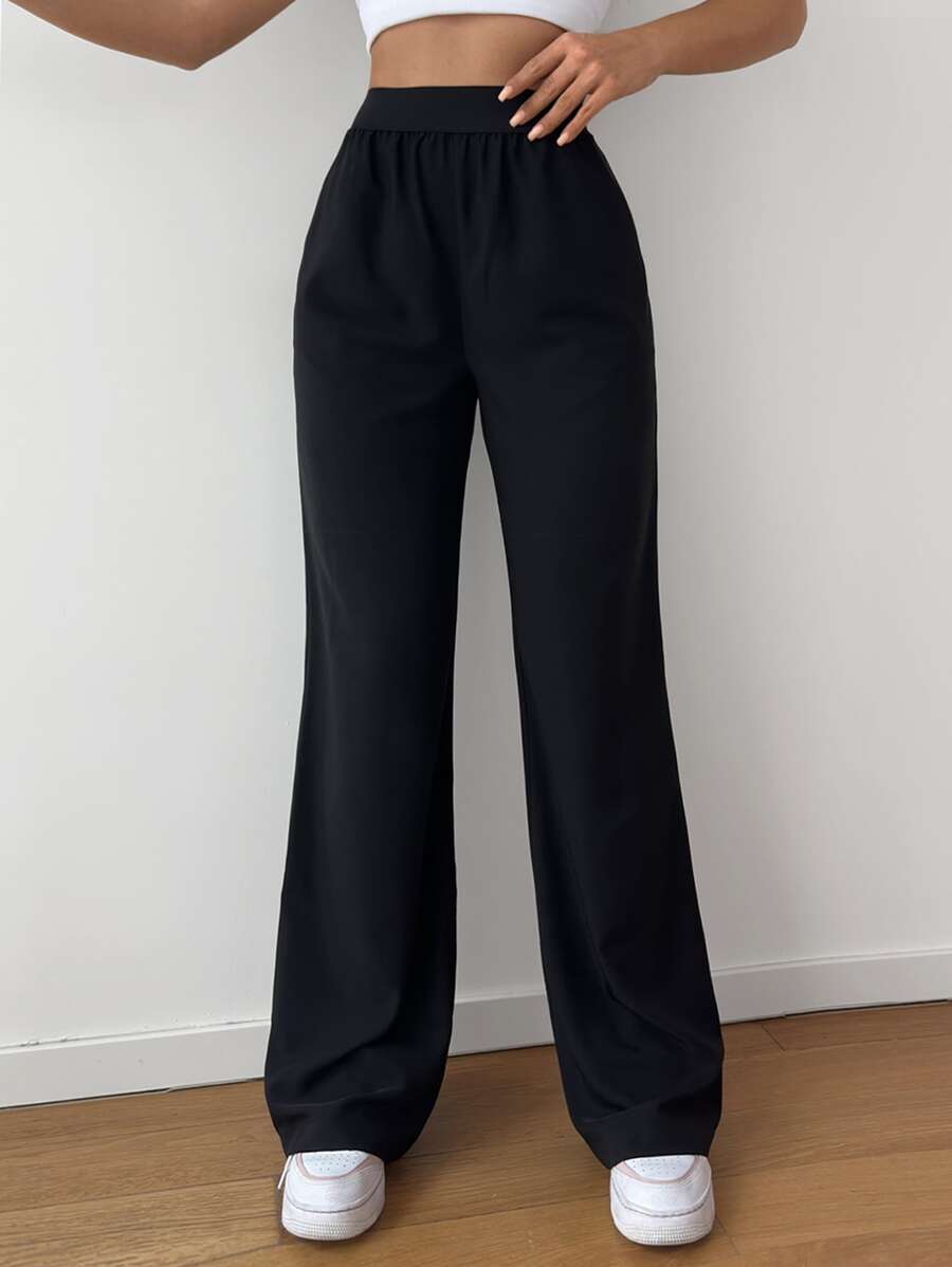 EURMUSE Solid Wide Leg Trousers - Black - View 1