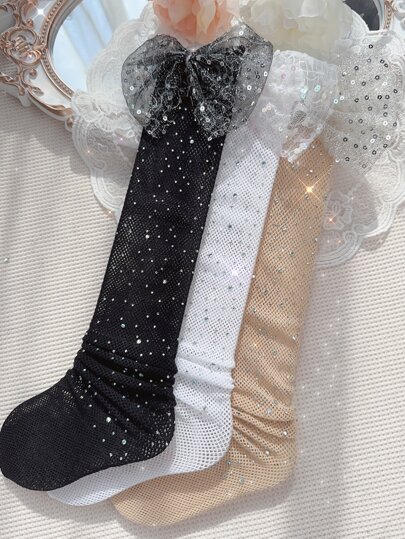 3對女童水鑽和蝴蝶結裝飾奢華風格過膝襪