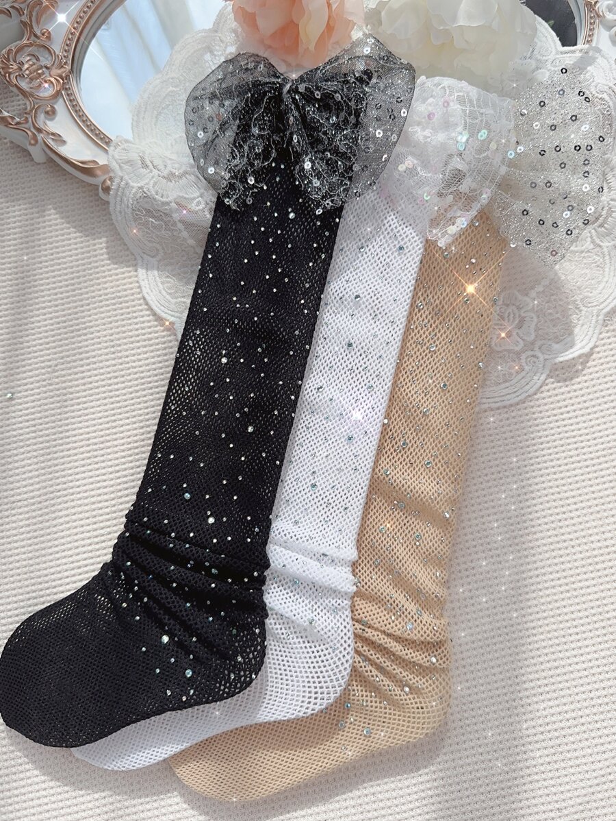 3對女童水鑽和蝴蝶結裝飾奢華風格過膝襪 - 彩色 - 查看 1