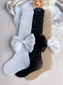 3對女童水鑽和蝴蝶結裝飾時尚網眼過膝襪適合日常生活 - 彩色 - 查看 2