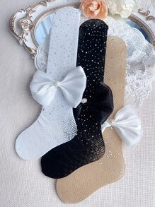 3對女童水鑽和蝴蝶結裝飾時尚網眼過膝襪適合日常生活 - 彩色 - 查看 5