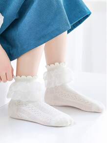 Niñas Calcetines de tripulación ribete con fruncido - Beis - Ver 1