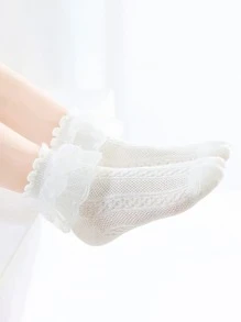 Niñas Calcetines de tripulación ribete con fruncido - Beis - Ver 2