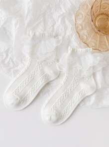 Niñas Calcetines de tripulación ribete con fruncido - Beis - Ver 3