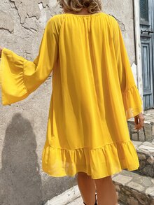 SHEIN VCAY Vestido de manga con volante bajo con fruncido sin cinturón - Amarillo - Ver 2