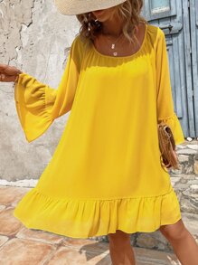 SHEIN VCAY Vestido de manga con volante bajo con fruncido sin cinturón - Amarillo - Ver 1