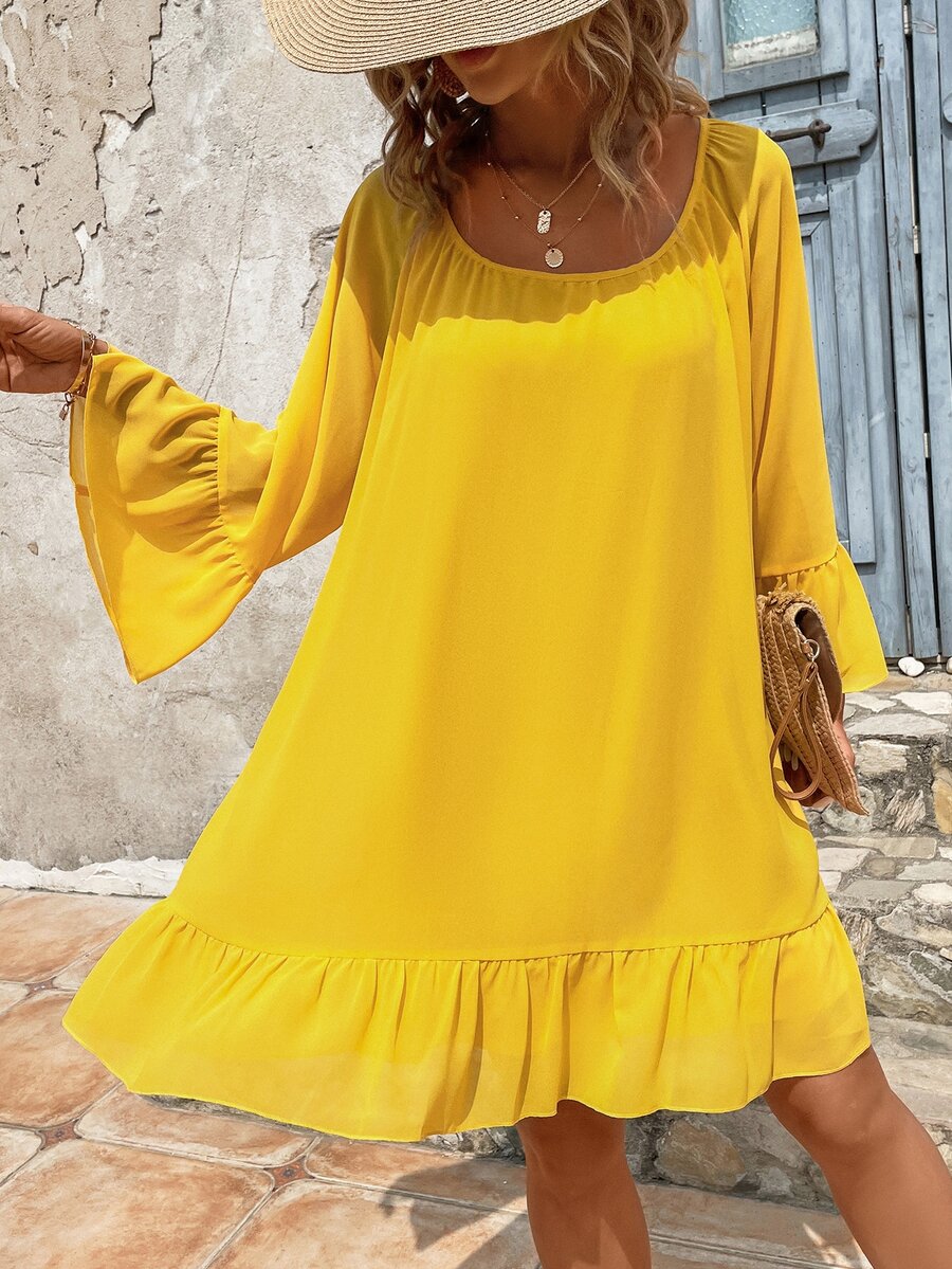SHEIN VCAY Vestido de manga con volante bajo con fruncido sin cinturón - Amarillo - Ver 1